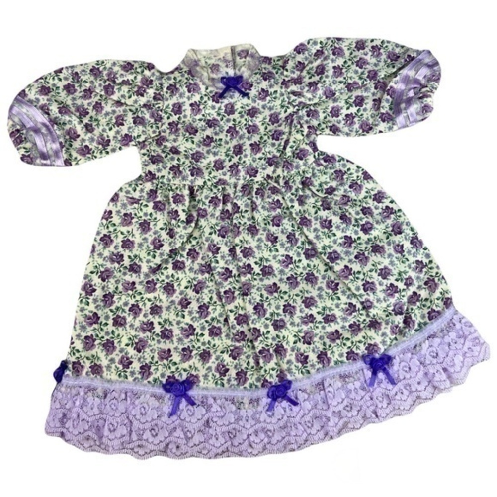Handmade Vintage Doll Dress Cream with Purple Floral Print Bows and Lace Dress